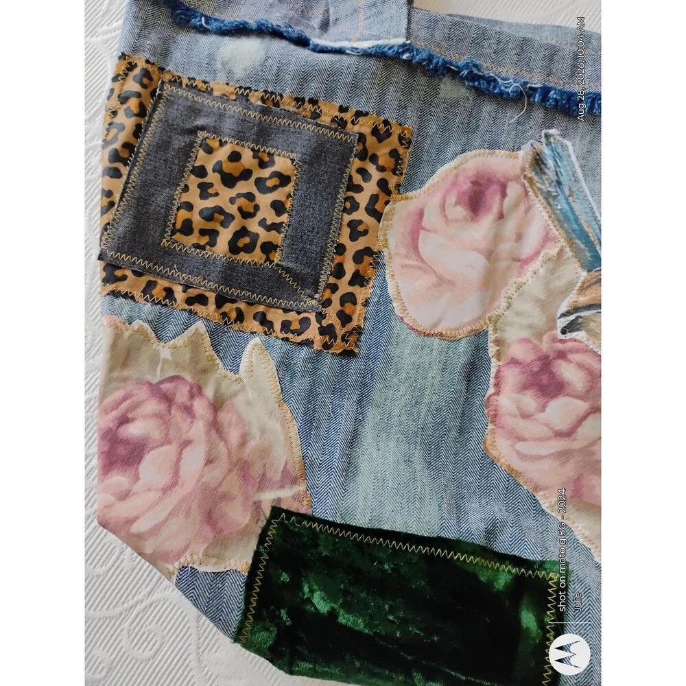 Denim Patchwork Tote Bag Applique Reclaimed Fabric Oversized Boho Handbag